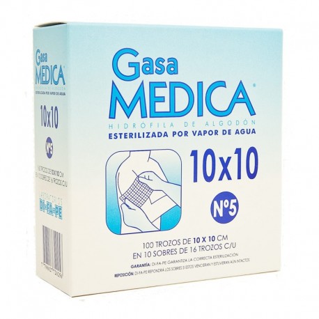 Gasa de 10 x 10 por 100 unidades, presentación paquete.