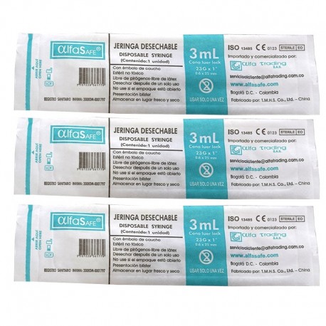 Jeringa de 3 ml, paquete por 100 unidades, blister.