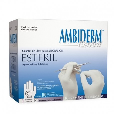 Guantes en látex, caja x 100 unidades, 50 pares, empaque individual. Producto importado.