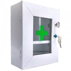 Botiquín gabinete metálico primeros auxilios, sin dotación con puerta de vidrio, alto 22 cms, Health Solutions.