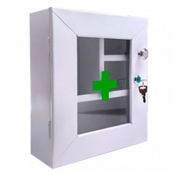 Botiquín gabinete metálico primeros auxilios, sin dotación con puerta de vidrio, alto 32 cms Health Solutions.