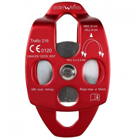 Polea doble de placas laterales móviles, cargas livianas o pesadas, cuerdas hasta 16 mm, Edelweiss.