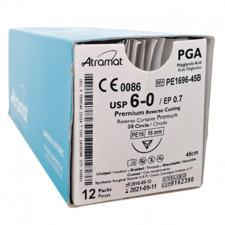 Aguja con hilo seda, 6/0, 1/2 circle 16 mm, caja por 12 uds.