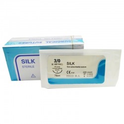 Aguja con hilo seda, 3/0, 1/2 circle 20 mm, caja por 12 uds.
