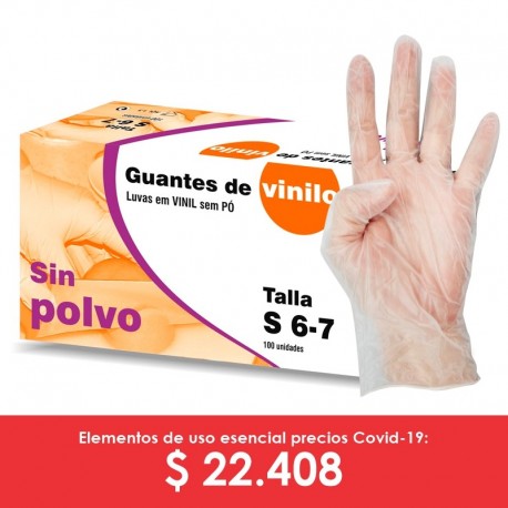 Guantes en vinilo talla S, M y L, caja por 100 unidades, transparente, producto importado.
